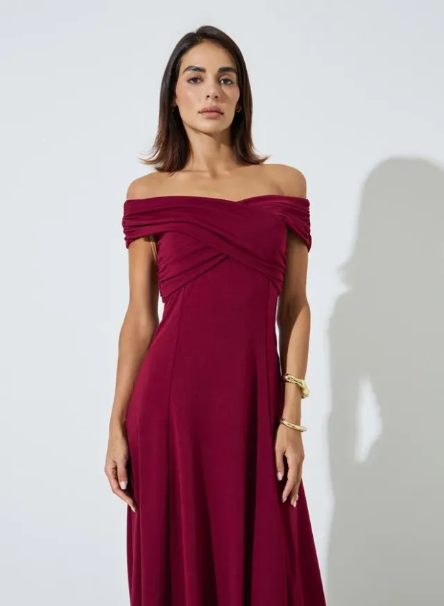 Burgundy Off-Shoulder A-Line Maxi Evening Dress – image 2