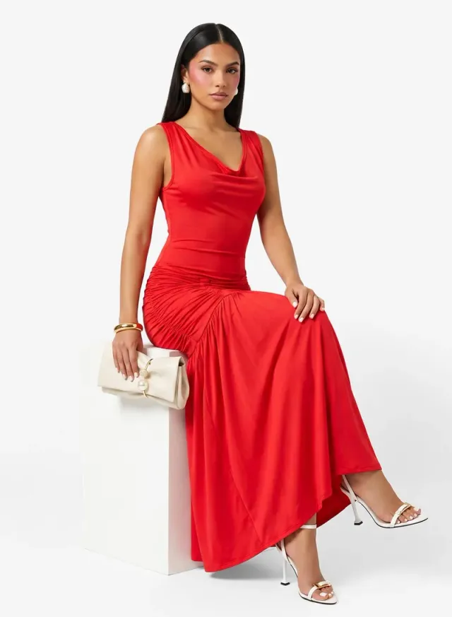 Cowl Neck Drop Waist Draped Dress
