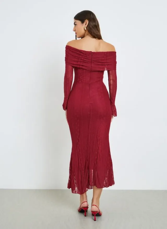 Burgundy Lace Off Shoulder Bodycon Maxi Dress – image 3
