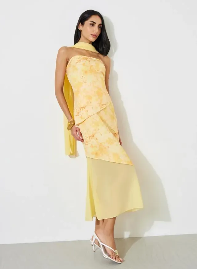 Yellow Graphic Print A-Line Midi Dress with Scarf