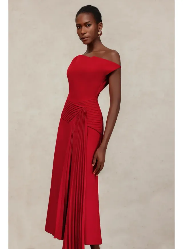 Jillian Oblique Shoulder Sleeveless Folds Midi Dress – image 3
