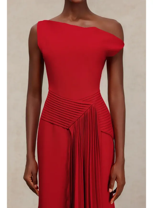 Jillian Oblique Shoulder Sleeveless Folds Midi Dress – image 5