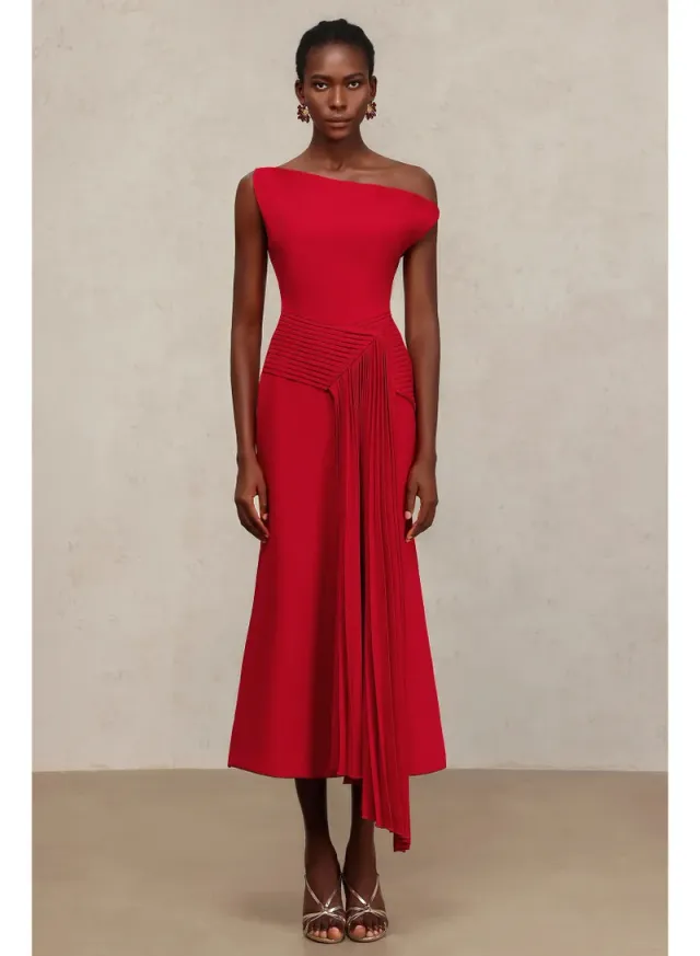 Jillian Oblique Shoulder Sleeveless Folds Midi Dress