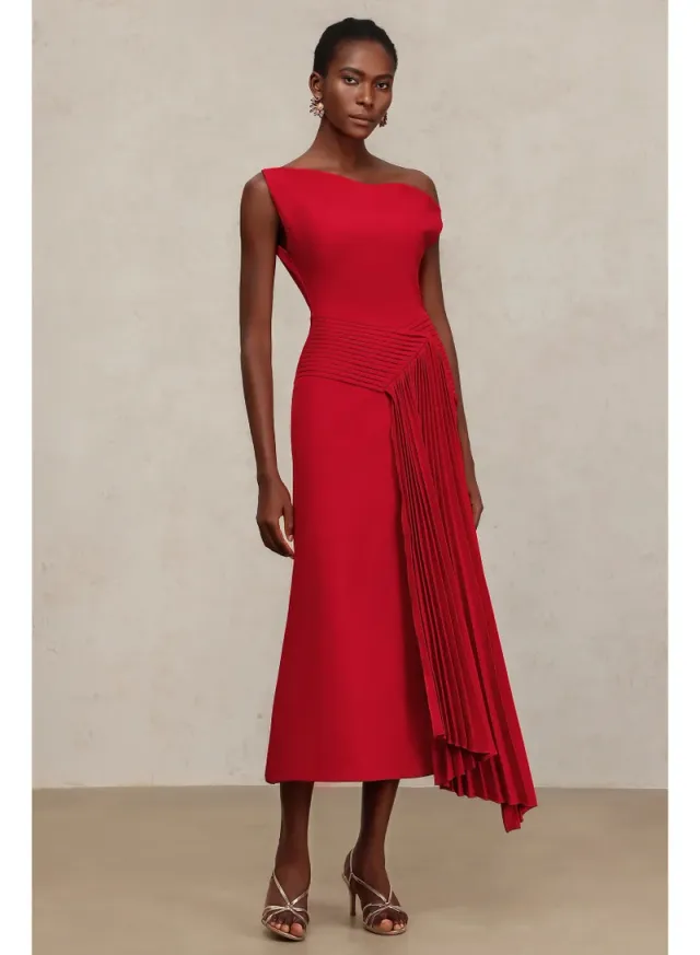 Jillian Oblique Shoulder Sleeveless Folds Midi Dress – image 4