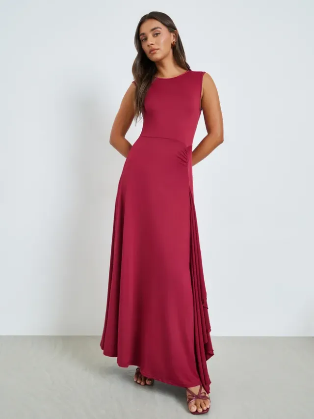 Burgundy Sleeveless Maxi Dress with Frill Panel