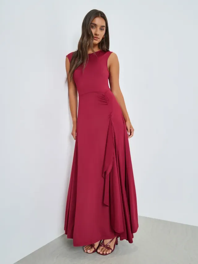 Burgundy Sleeveless Maxi Dress with Frill Panel – image 3