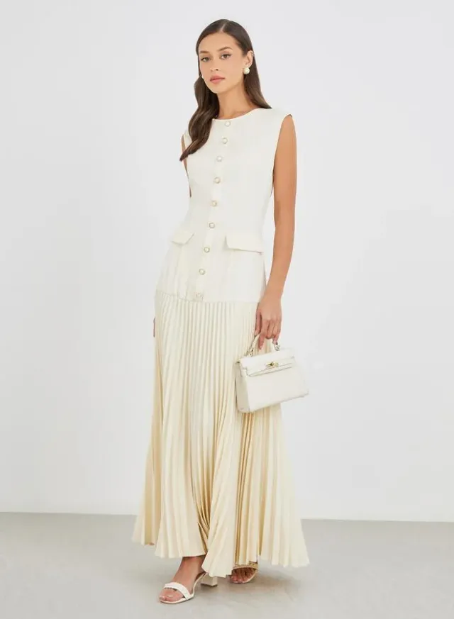 Women Cream Solid Sleeveless Pleated A-Line Maxi Dress – image 2