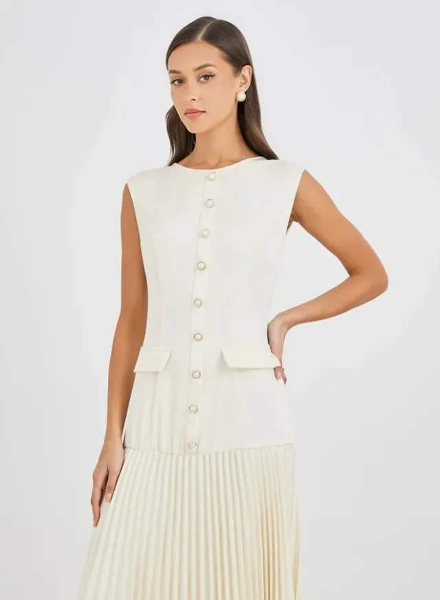 Women Cream Solid Sleeveless Pleated A-Line Maxi Dress – image 3