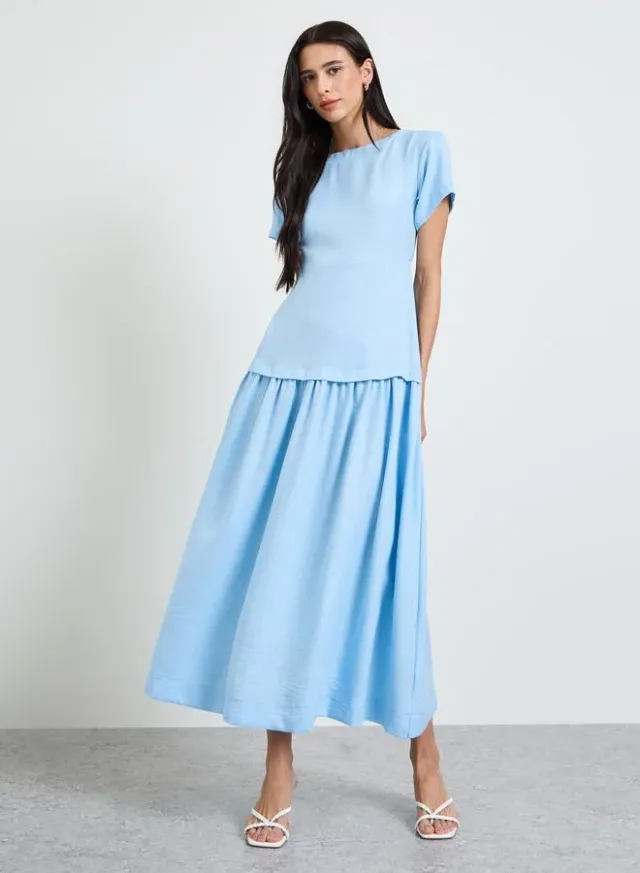 Blue Solid Drop Waist A-Line Maxi Dress