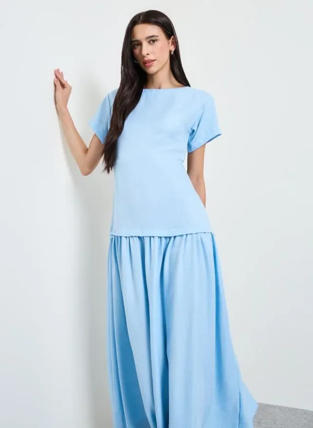 Blue Solid Drop Waist A-Line Maxi Dress – image 2