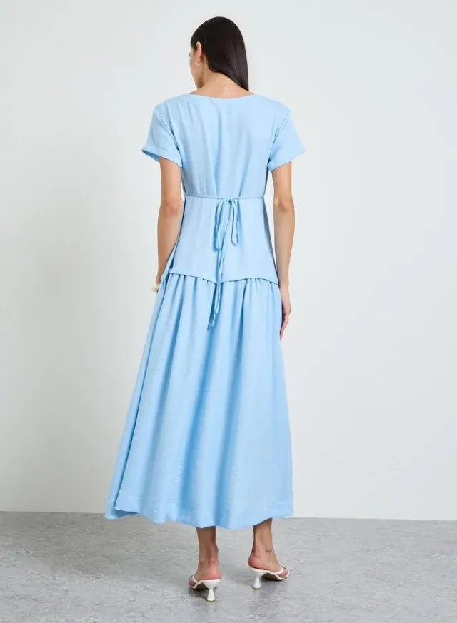 Blue Solid Drop Waist A-Line Maxi Dress – image 3