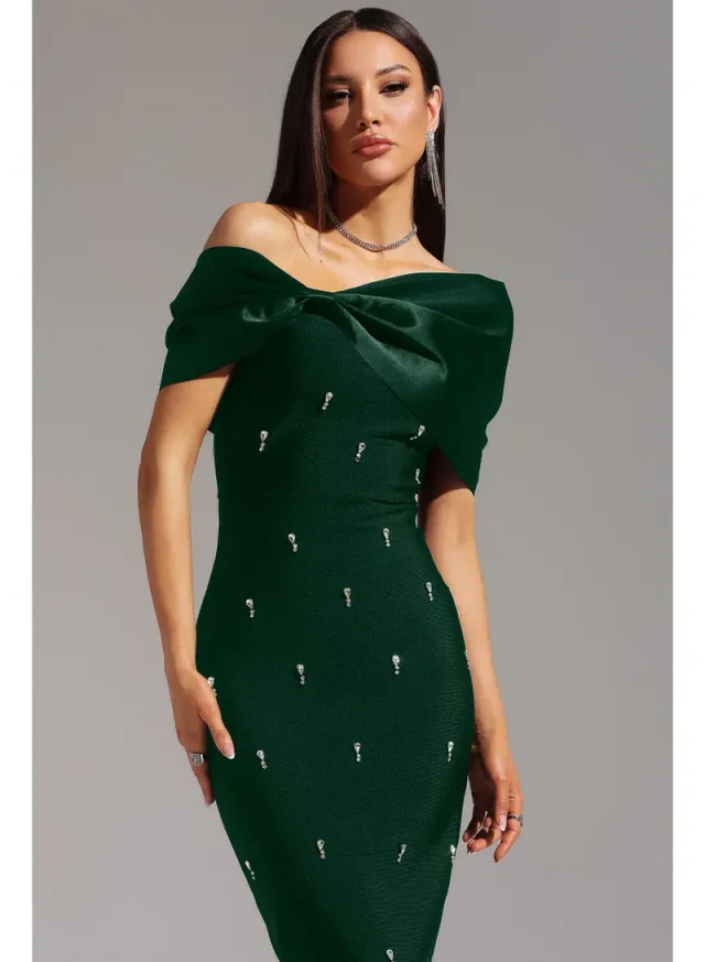 Palez Sleeveless One Shoulder Diamond Bow Bandage Maxi Dress – image 4