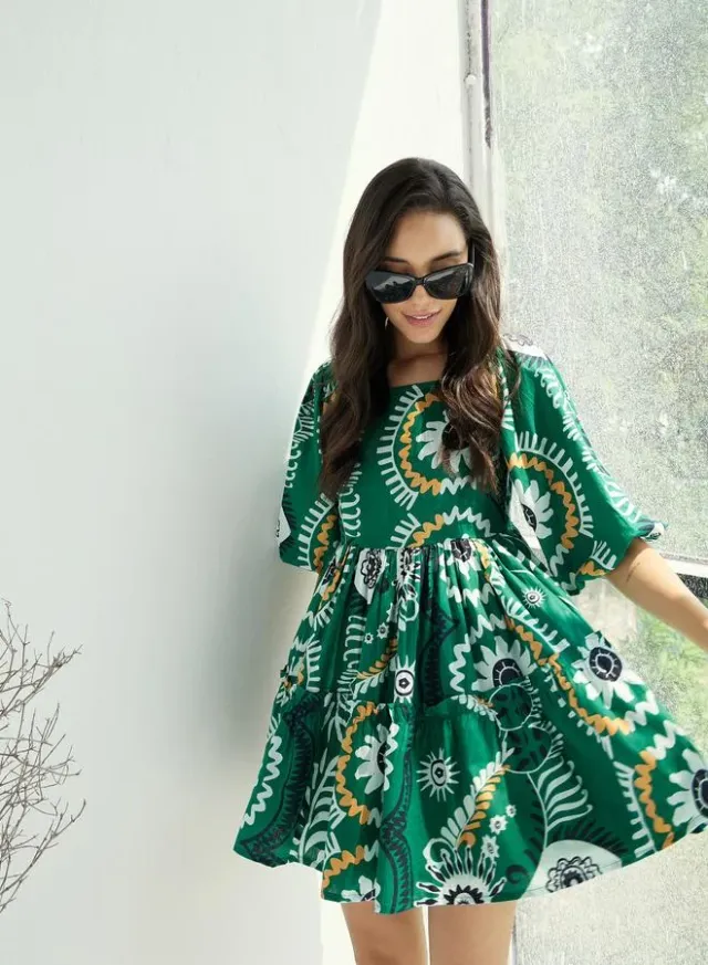 Emerald Green Floral Print Mini Dress