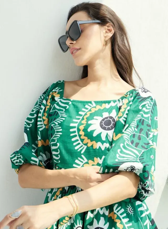 Emerald Green Floral Print Mini Dress – image 4