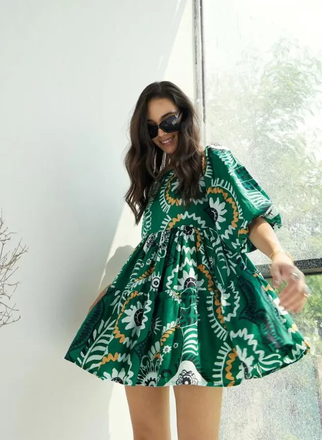 Emerald Green Floral Print Mini Dress – image 6