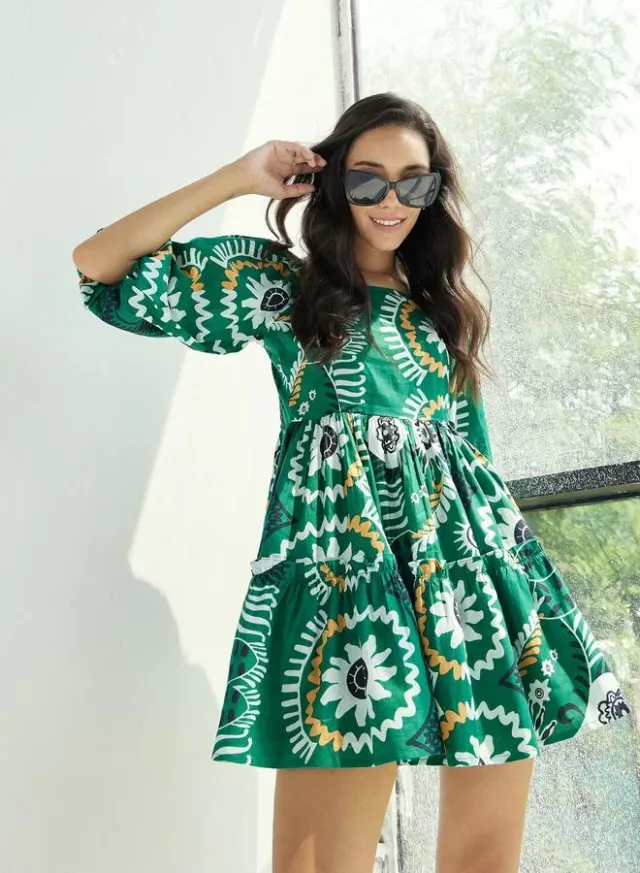 Emerald Green Floral Print Mini Dress – image 7