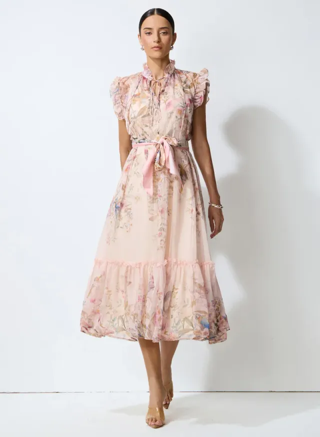 So Much Charm Pink Floral Print Ruffled Midi Dress