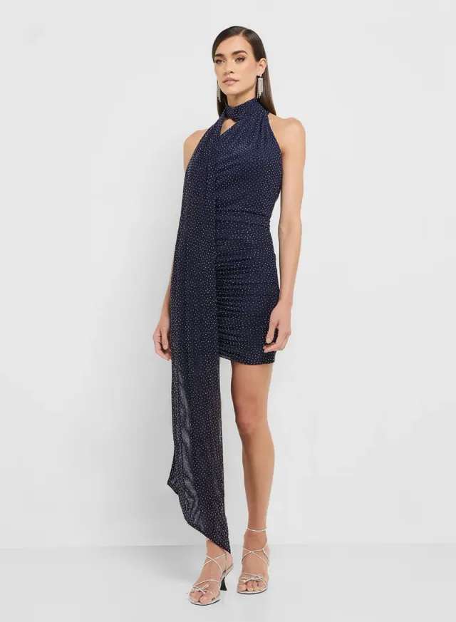 eclat luxe diamante detail draped bodycon dress with scarf
