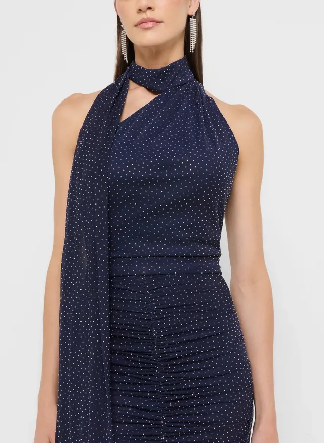 eclat luxe diamante detail draped bodycon dress with scarf – image 3