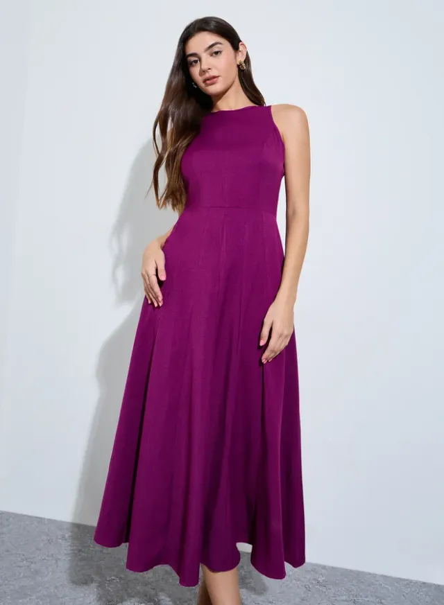Magenta Sleeveless A-Line Midi Dress – image 3