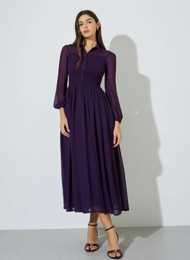 Purple Solid Ruched Detail Shirt Maxi Dress with Long Sleeves