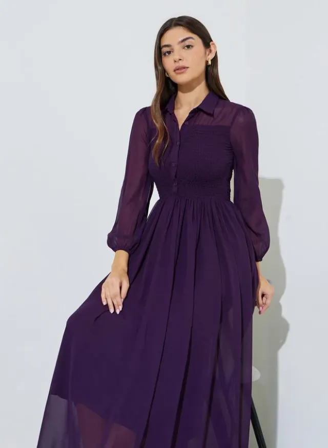Purple Solid Ruched Detail Shirt Maxi Dress with Long Sleeves – image 2