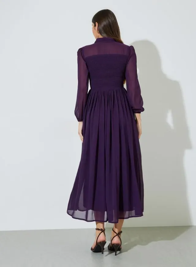 Purple Solid Ruched Detail Shirt Maxi Dress with Long Sleeves – image 3