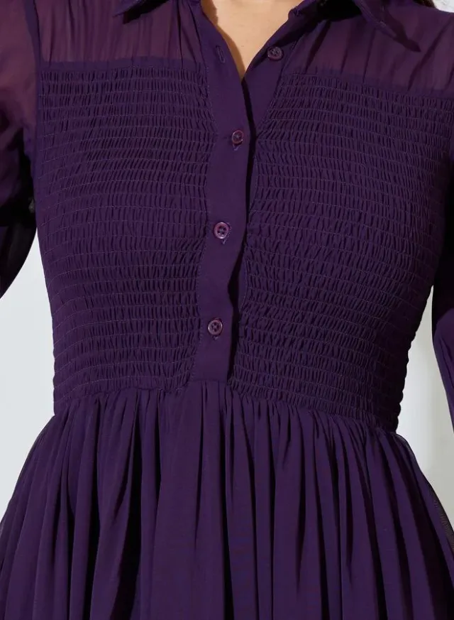 Purple Solid Ruched Detail Shirt Maxi Dress with Long Sleeves – image 4