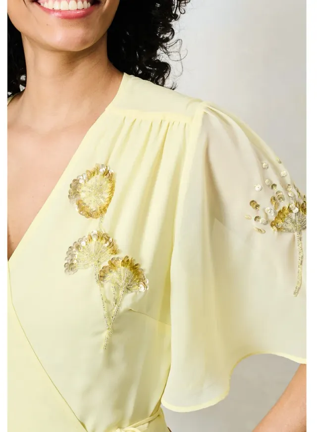 Embellished Flutter Sleeve Wrap Dress With Tie Waist – image 4