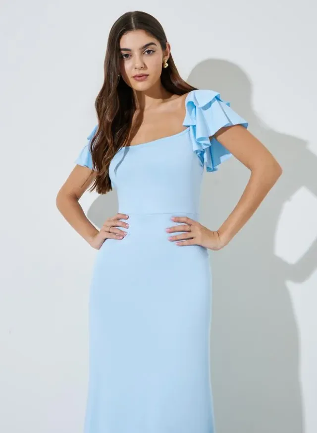 Blue Solid Ruffle Sleeves A-Line Maxi Dress – image 2