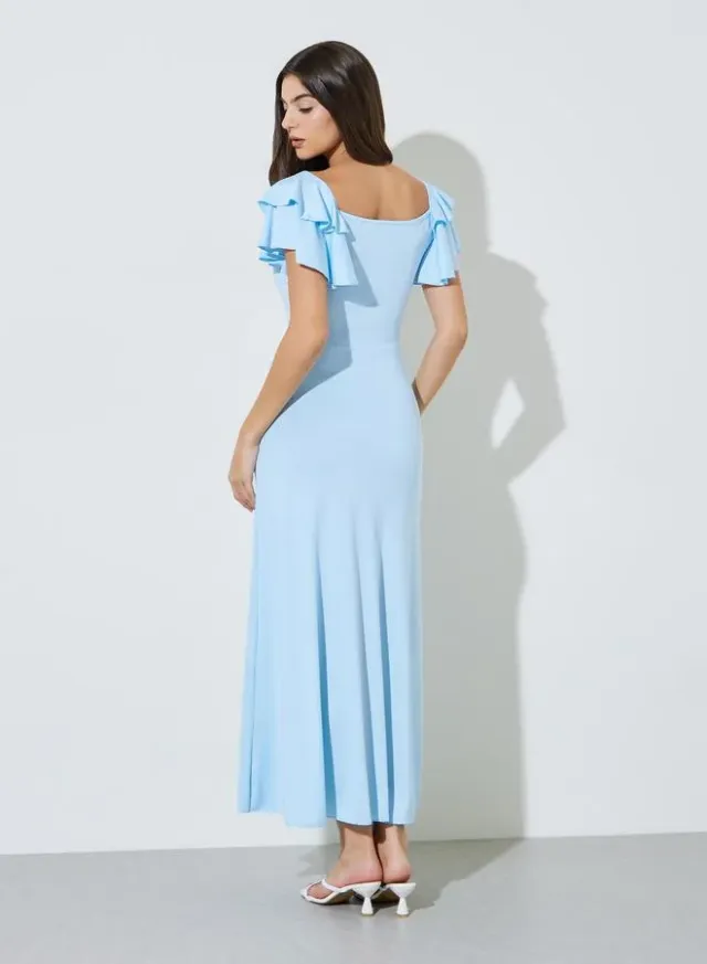 Blue Solid Ruffle Sleeves A-Line Maxi Dress – image 3
