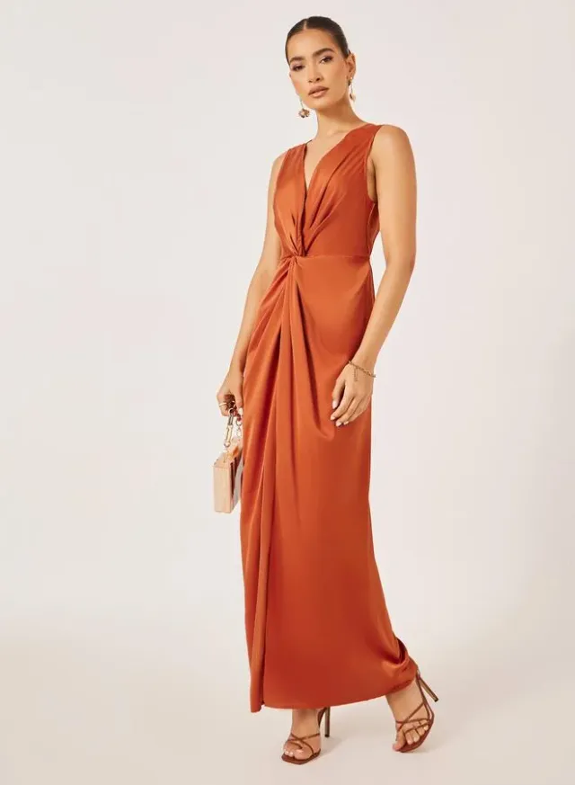 Satin Front Knot Sleeveless Sheath Maxi Dress