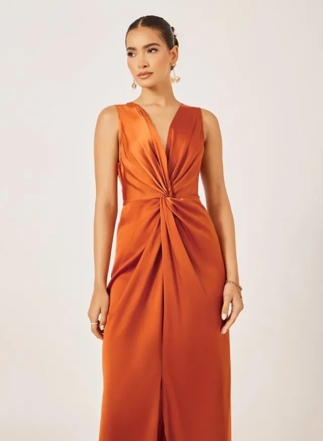 Satin Front Knot Sleeveless Sheath Maxi Dress – image 3