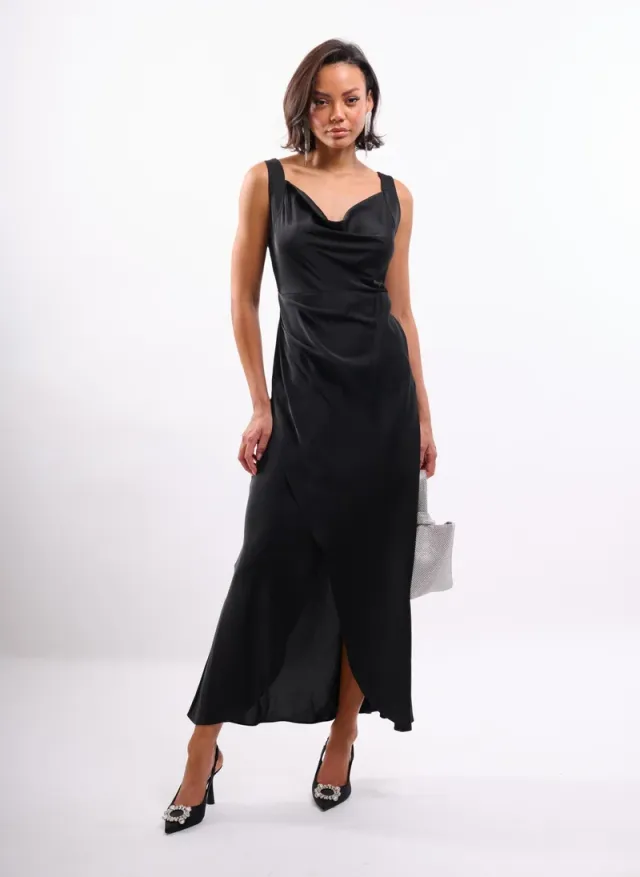 Cowl Wrap Satin Dress in Emerald