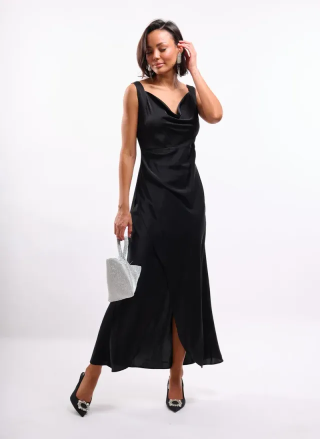 Cowl Wrap Satin Dress in Emerald – image 2