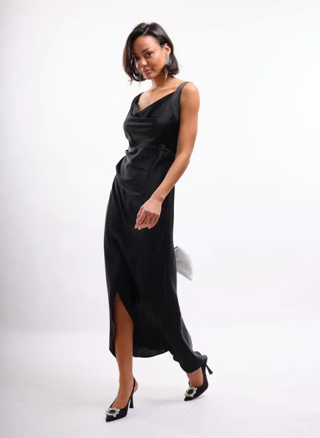 Cowl Wrap Satin Dress in Emerald – image 3