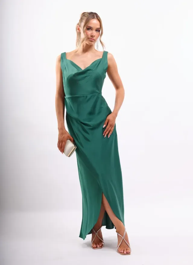 Cowl Wrap Satin Dress in Emerald