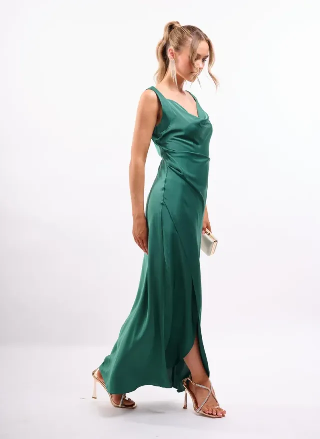 Cowl Wrap Satin Dress in Emerald – image 2