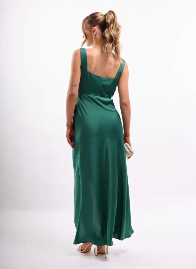 Cowl Wrap Satin Dress in Emerald – image 5