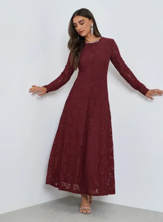Red Floral Lace A-Line Maxi Dress