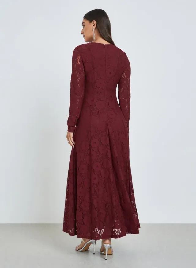 Red Floral Lace A-Line Maxi Dress – image 3