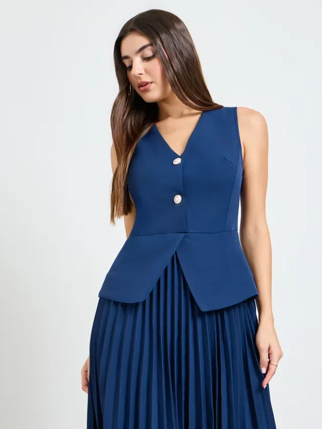 Styli Navy Blue Pleated Blazer Midi Dress – image 2