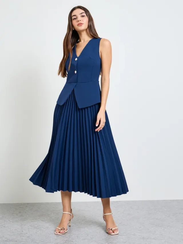 Styli Navy Blue Pleated Blazer Midi Dress – image 3