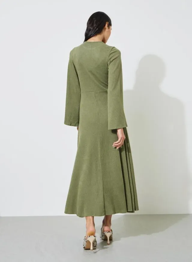 Green Textured Long Sleeves A-Line Maxi Dress – image 3