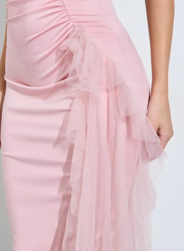 Pink Bodycon Midi Dress with Tulle Detail – image 4