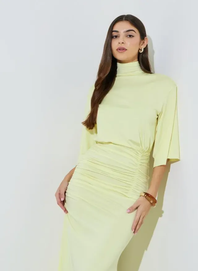 Yellow Ruched Sheath Maxi Dress – image 2