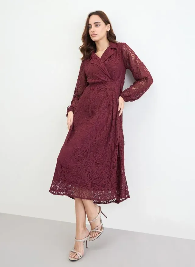 Burgundy Lace Wrap Midi Dress