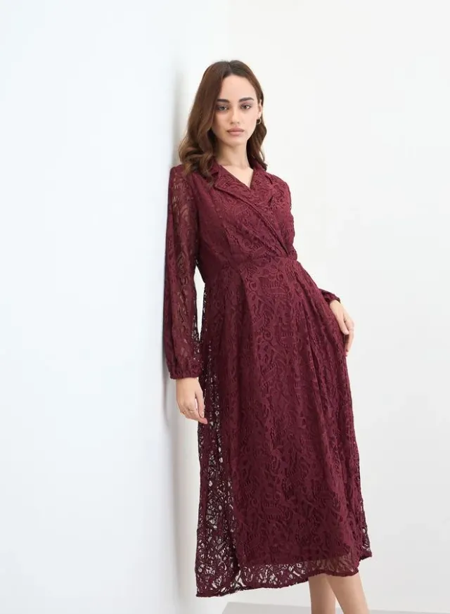 Burgundy Lace Wrap Midi Dress – image 2