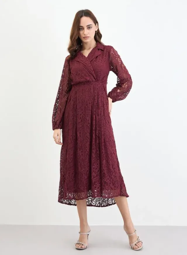 Burgundy Lace Wrap Midi Dress – image 3