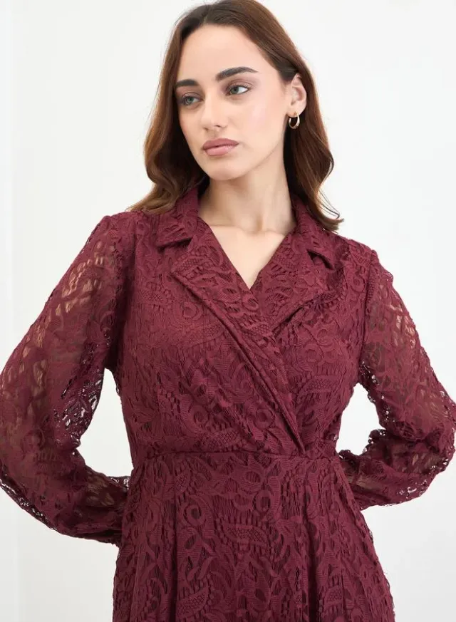 Burgundy Lace Wrap Midi Dress – image 4